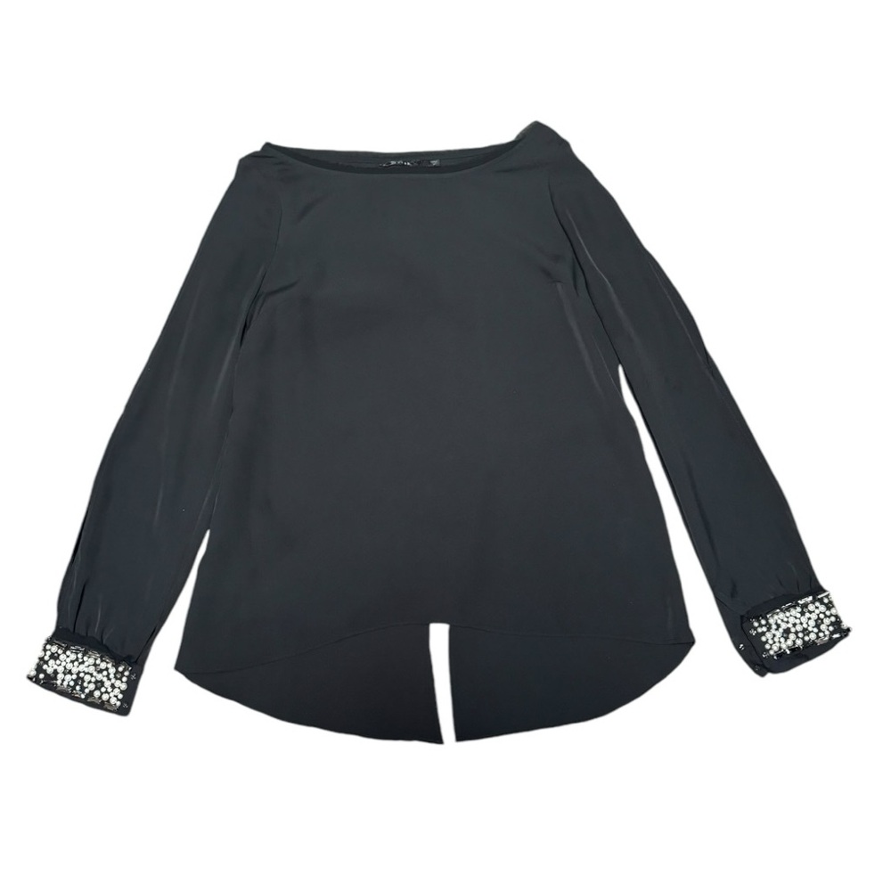 Guess Embellished Blouse Long Sleeve Top Black Womens Medium Pearls Gems Cutout